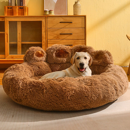 Cozy Pet Haven: Round Dog Bed & Cat Bed with Bear Paw Shape - Extra-Large, Long Plush, and Ultra-Soft, Ideal for Deep Sleep and Comfortable Rest