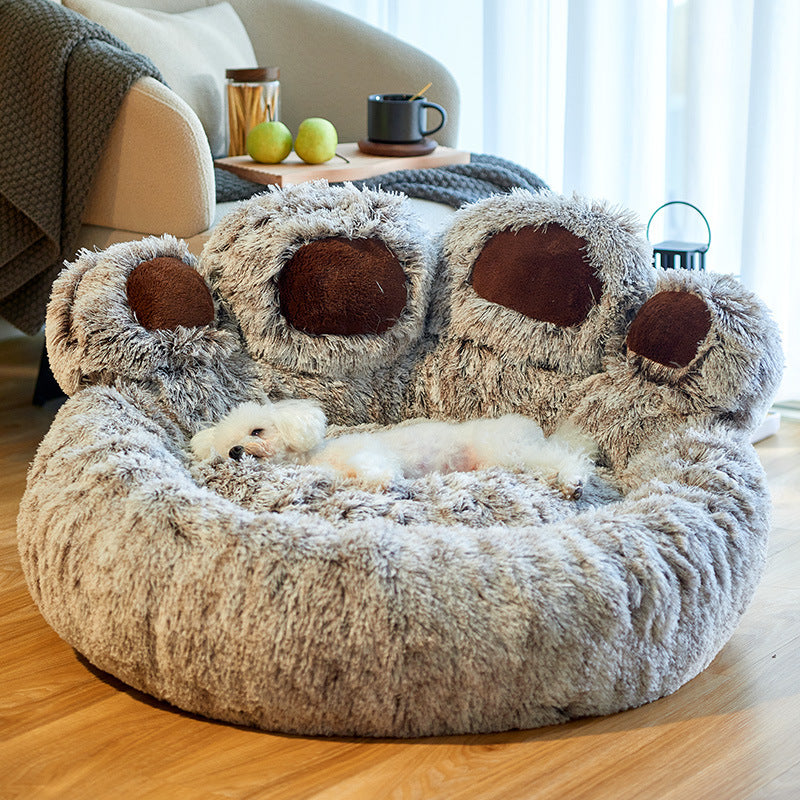 Cozy Pet Haven: Round Dog Bed & Cat Bed with Bear Paw Shape - Extra-Large, Long Plush, and Ultra-Soft, Ideal for Deep Sleep and Comfortable Rest