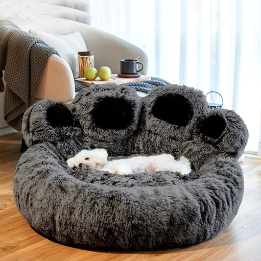 Cozy Pet Haven: Round Dog Bed & Cat Bed with Bear Paw Shape - Extra-Large, Long Plush, and Ultra-Soft, Ideal for Deep Sleep and Comfortable Rest